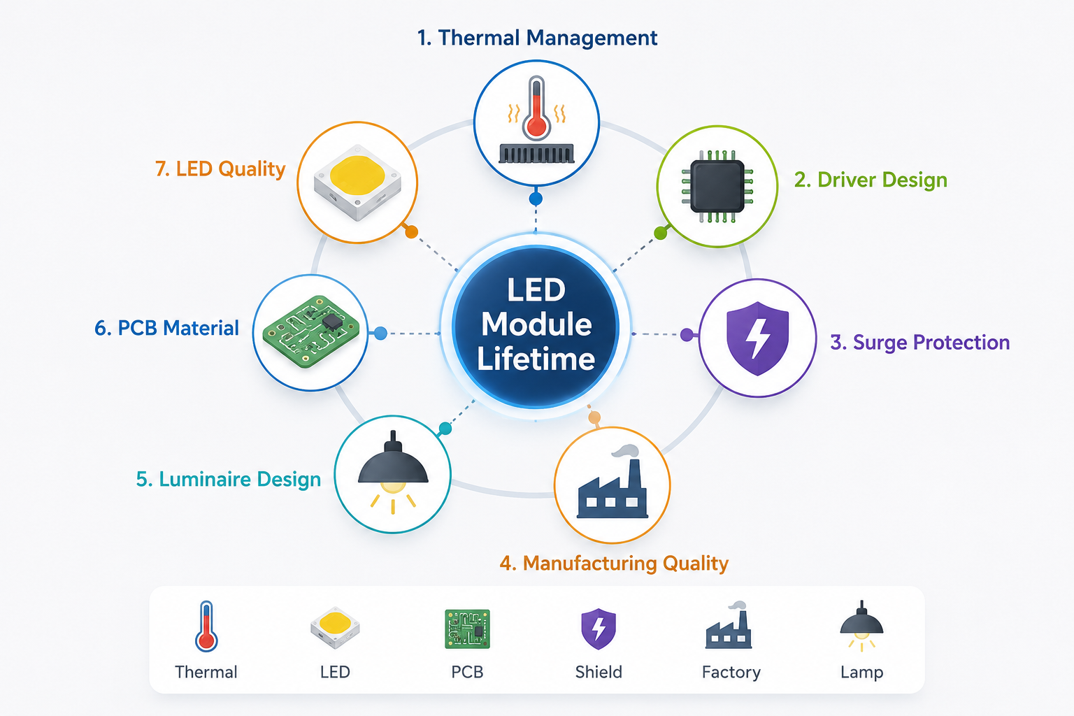 Key factors affecting LED module lifetime including thermal management, driver design and PCB materials