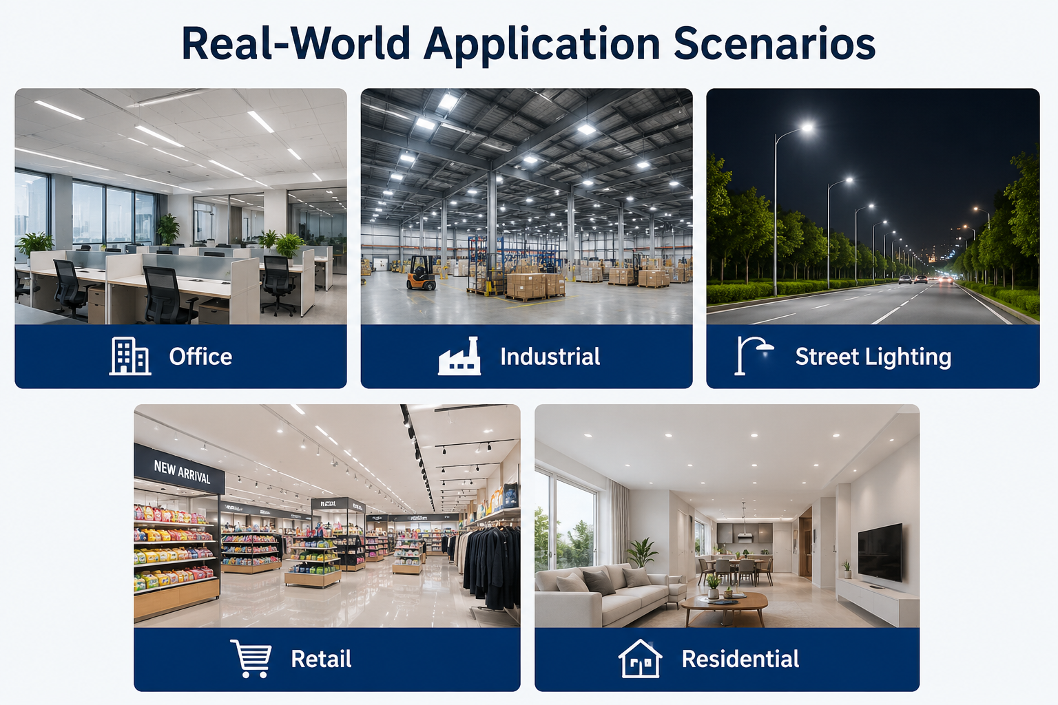 Real-world application scenarios showing LED modules used in office, industrial, street lighting, retail, and residential lighting applications
