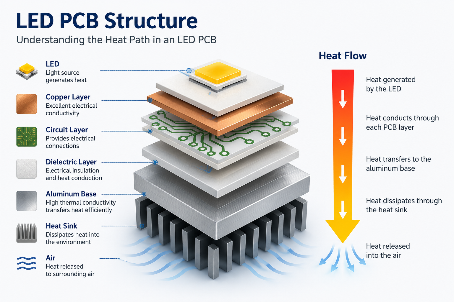LED PCB structure diagram showing the heat flow path through the LED, copper layer, circuit layer, dielectric layer, aluminum base, heat sink, and surrounding air.